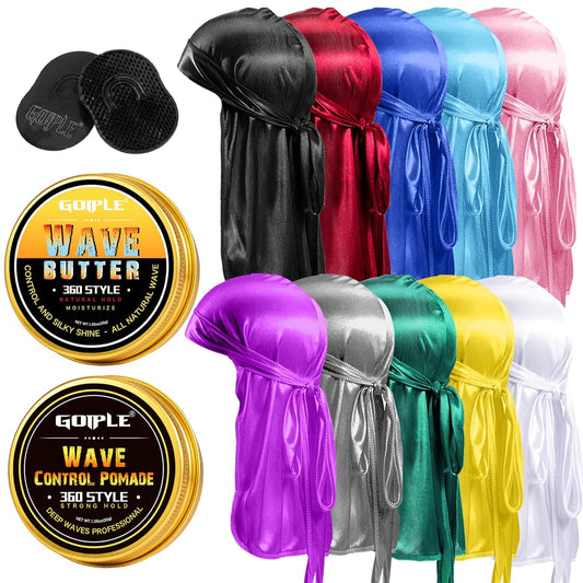 Silky Durags for Men Wave Pomade Strong Hold Easy Wash 360 Wave Training Hair Cream, Wave Butter Waves Grease for Men Promotes Layered Waves Silky Satin Durag Extra Long Tails Wave Brush Wave Cap Set