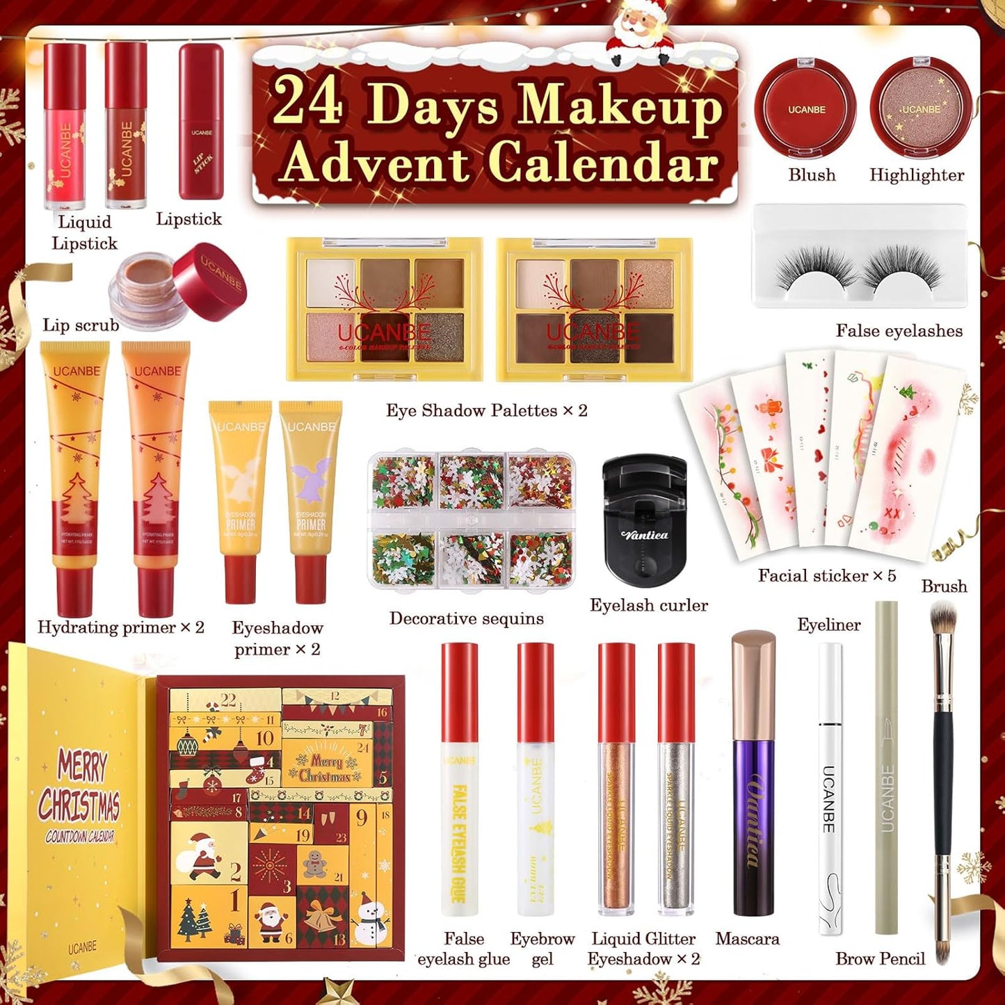 UCANBE Makeup Advent Calendar 2025, 24 Days Christams Makeup Sets For Women Gift, 2025 Xmas Countdown Calendar 24 Individually Boxed Full Make Up Kits For Teens Beauty Gift