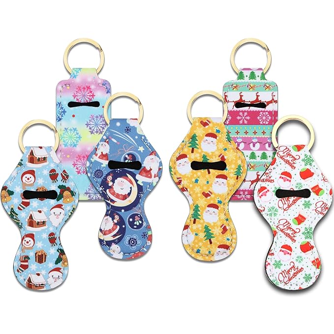 Chapstick Holder Keychain, Lip Balm Holder Sleeve Pouch with Clip On, Lip Gloss Lipstick Holder Keychain Gift for Friends Women Girls Boys and Man (Christmas Style, 6pcs)