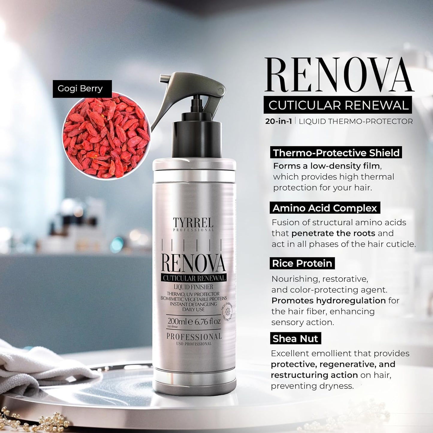 Renova Renewal Finishing Serum 6.76 fl oz – Leave-In Heat Protectant for All Hair Types – Smooths, Controls Frizz, and Supports Styling – Lightweight Formula – Floral Scent – Tyrrel