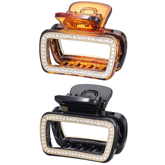 SINIDE Crystal Hair Claw Clips, Square Rhinestone Plastic Claw Clips Nonslip Acrylic Jaw Clip for Thick Long Hair, Fashion Clamps Accessories for Women Strong Hold Barrette for Styling (2 Pack)