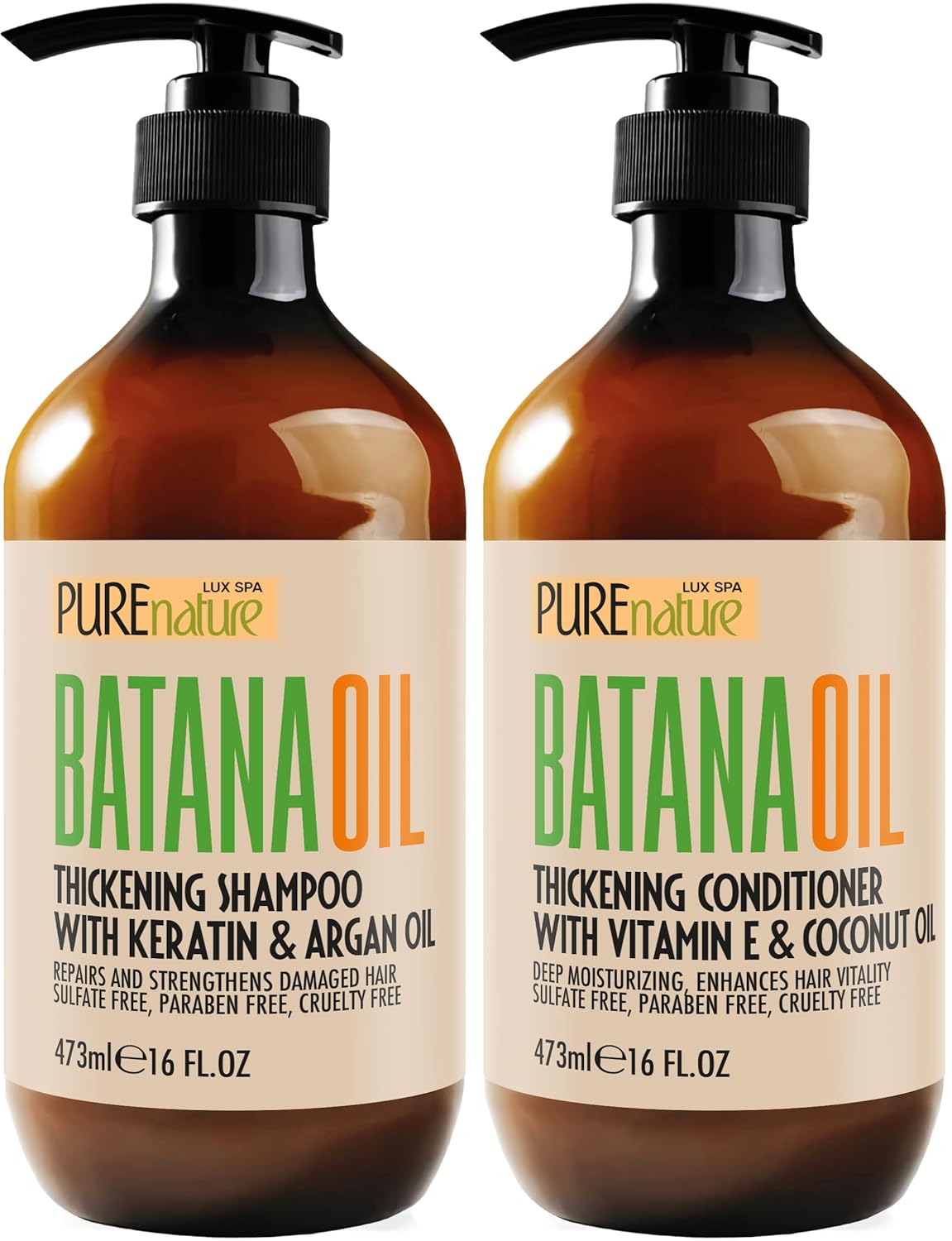 Batana Oil Shampoo and Conditioner Set - Thickening, Sulfate Free Formula for Women and Men - Volumizing, Moisturizing, Professional Salon Care Products for Fine, Thinning Hair - 16 Fl Oz (Pack of 2)