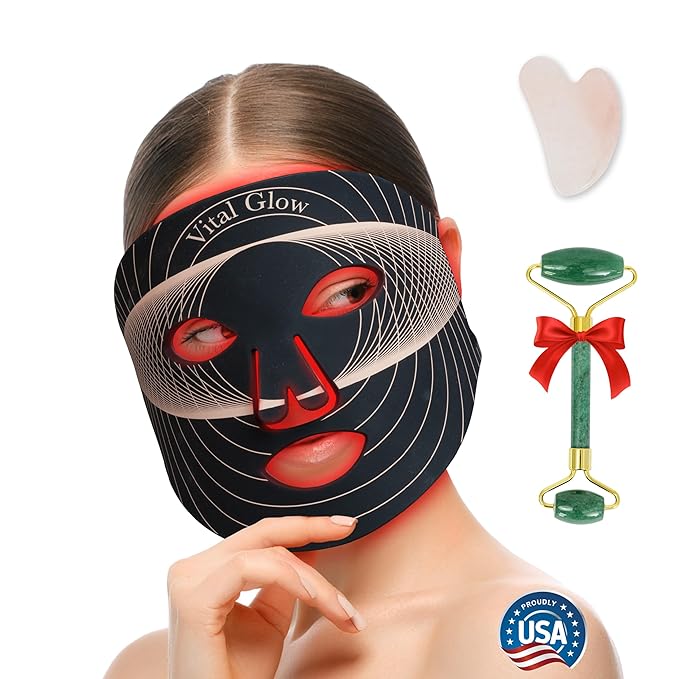 Red Light Mask, Red Light Therapy for Face, LED Face Mask Light Therapy, with Jade Roller & Gua Sha, Facial Skin Care Mask, Targets Wrinkles Fine Lines Redness, For Home, Portable & Rechargeable