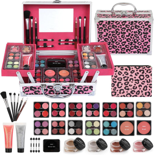 Anpro All-In-One Leopord Double Folding Makeup Carry Case with Pro Teen Makeup Set, Full Starter Kit with Makeup Brushes, Lipsticks, Eyeshadow Palette, Blushes, Glitter Gel, Ideal Present for Girls