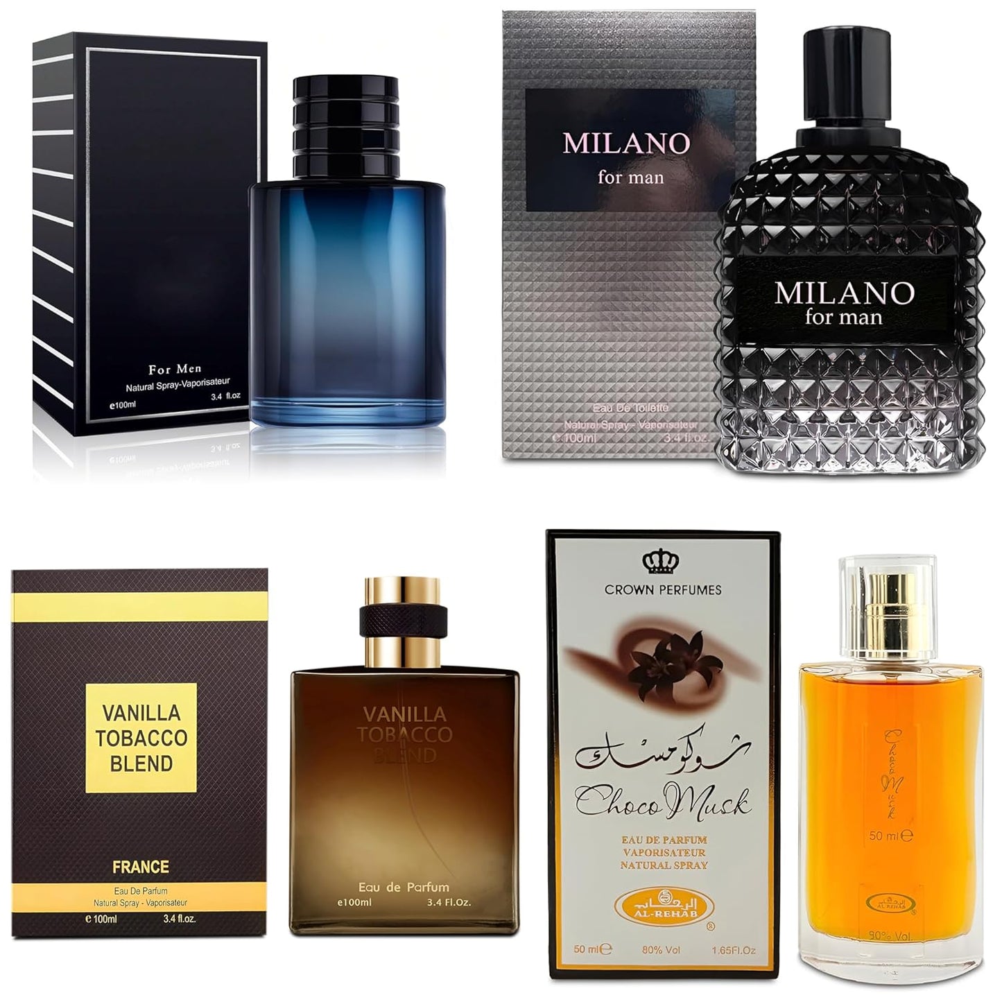 4-Piece Cologne for Men Includes Choco Musk/SE/Vanilla Tobacco/Milano Scent of Woody, Spicy, Citrus & Aromatic eau de parfum Men Gift Set Each 100Ml for Daily Use