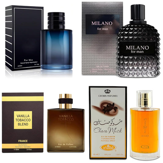 4-Piece Cologne for Men Includes Choco Musk/SE/Vanilla Tobacco/Milano Scent of Woody, Spicy, Citrus & Aromatic eau de parfum Men Gift Set Each 100Ml for Daily Use