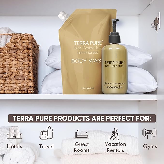 Terra Pure Spa Collection 1 Liter Body Wash Refill Bag For Soap Dispensers | Bulk Toiletries for Vacation Rentals, and Home Bathroom Showers | Green Tea Lemongrass | Single