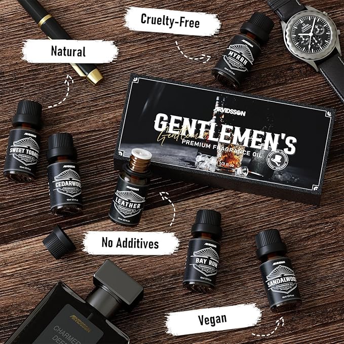 Essential Oils for Men, ARVIDSSON Masculine Essential Oils, Manly Fragrance Oils for Diffuser, Sandalwood, Cedarwood, Leather, Sweet Tobacco, Bay Rum, Myrrh, Gift for Men
