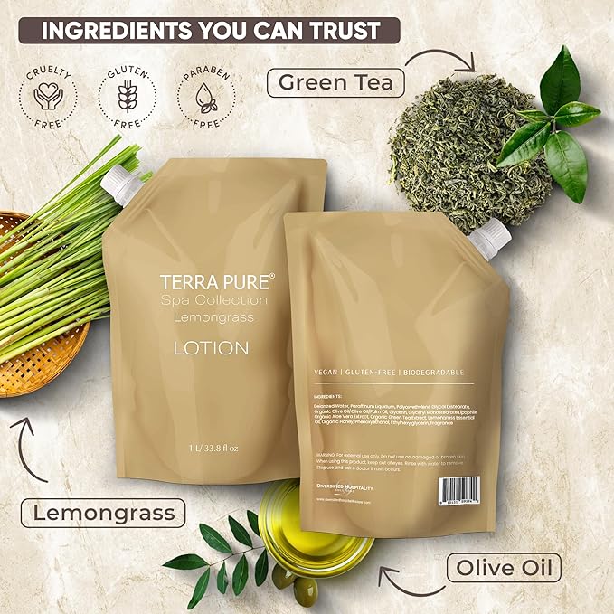 Terra Pure Spa Collection 1 Liter Lotion Refill Bag For Soap Dispensers | Bulk Toiletries for Vacation Rentals, and Home Bathroom Showers | Green Tea Lemongrass | Single