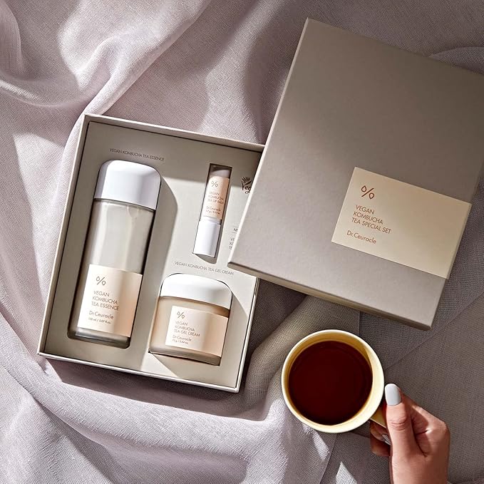 Dr.Ceuracle Vegan Kombucha Tea Special Set - Korean Hydrating and Nourishing Skincare Gift Set included Essence, Gel Cream, Lip Balm