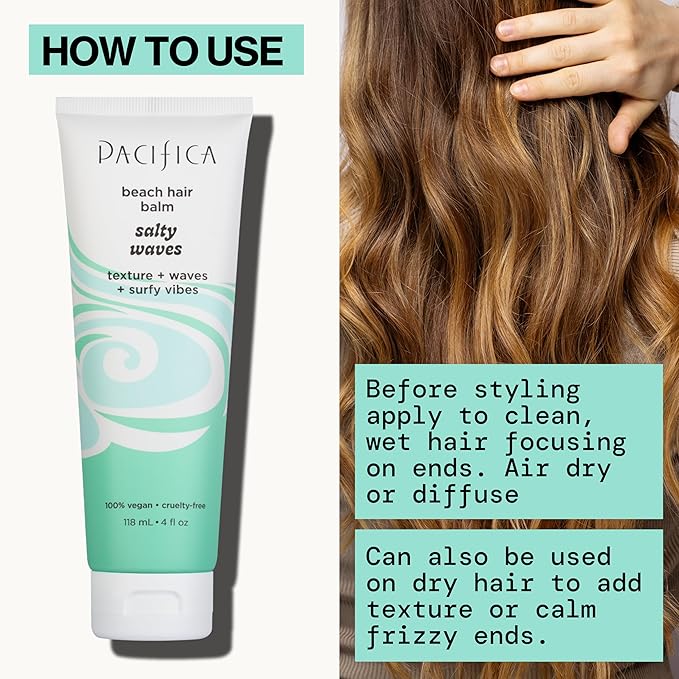 Pacifica Salty Waves Beach Hair Balm, 5-in-1 Styling Balm Designed to Hydrate & Nourish Hair, Vegan & Cruelty-Free, 4 Fl Oz