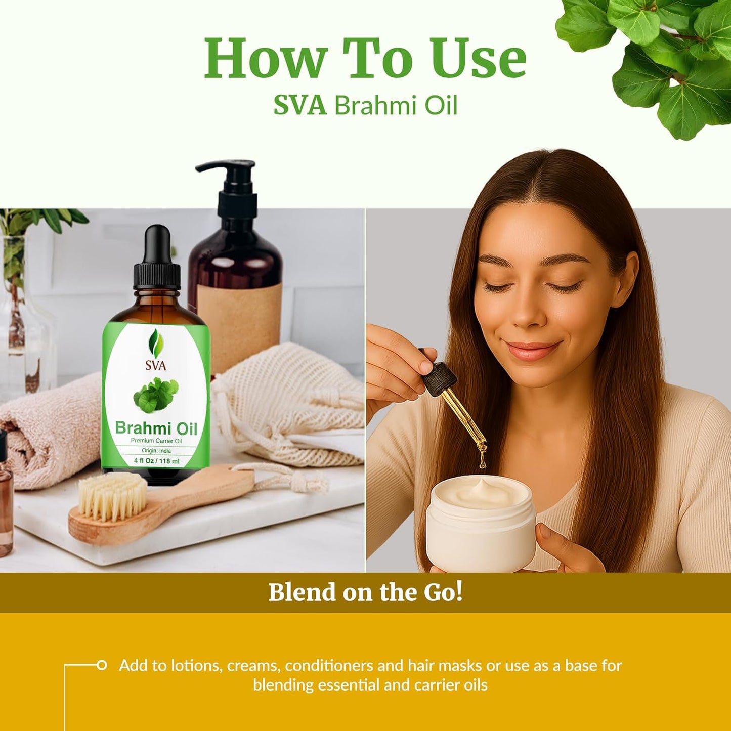 SVA Brahmi Oil - 4 Fl Oz – 100% Natural Cold Pressed Brahmi Oil - for Face, Skin Care, Hair Care, Scalp Massage & Body Massage – Carrier Oil with Dropper