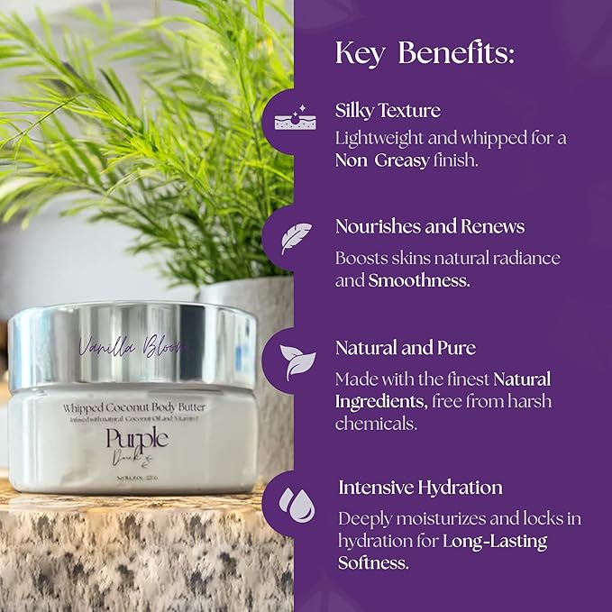 Thick Whipped Body Butter for Women – Moisturizer with Organic Coconut Oil, Shea Butter & Vitamin E – Silky Hydrating Body Butter for Soft, Smooth Skin - Vanilla Bloom 8 Oz