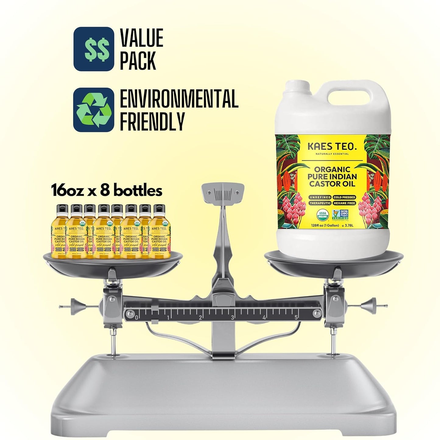 Organic Castor Oil 1 Gallon (128 fl oz) Bulk, 100% Pure Cold-Pressed, Hexane Free, Eyelash, Eyebrow & Hair Growth Serum, Skin Moisturizer, Massage, Hair Loss, Dandruff, Detox and Wraps