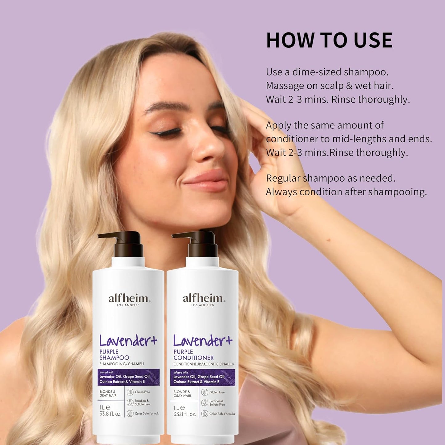 ALFHEIM Lavender+ Purple Shampoo & Conditioner Set for Blonde, Silver & Color-Treated Hair – Hydrates & Restores Cool Radiance – with Quinoa Extract & Vitamin E – Sulfate Free – 33.8 oz / 1000 ml × 2