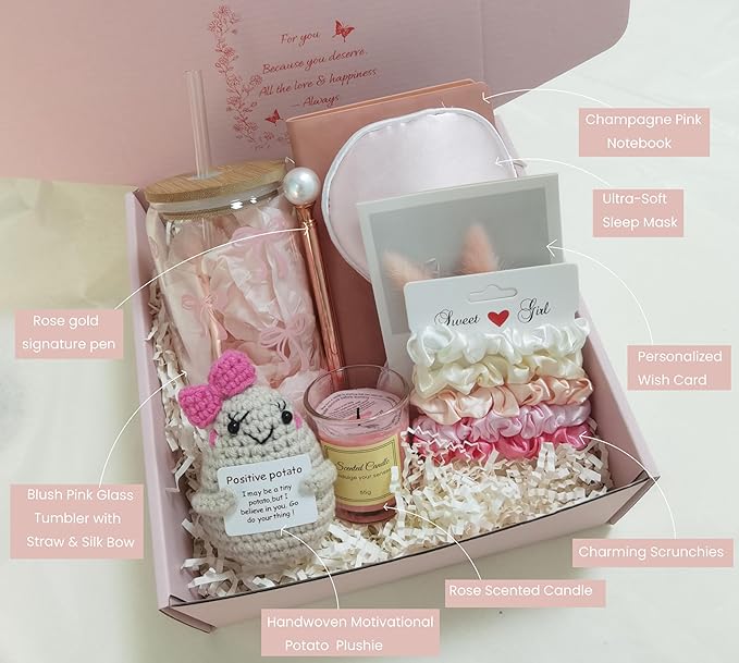 Pink Birthday Gifts for Teen Girls,Inspirational Gifts Basket for Her, Cute Bow Theme Birthday Gifts for Women, Friendship Gifts for Daugther/Sister/Friend （Pink &Bow)