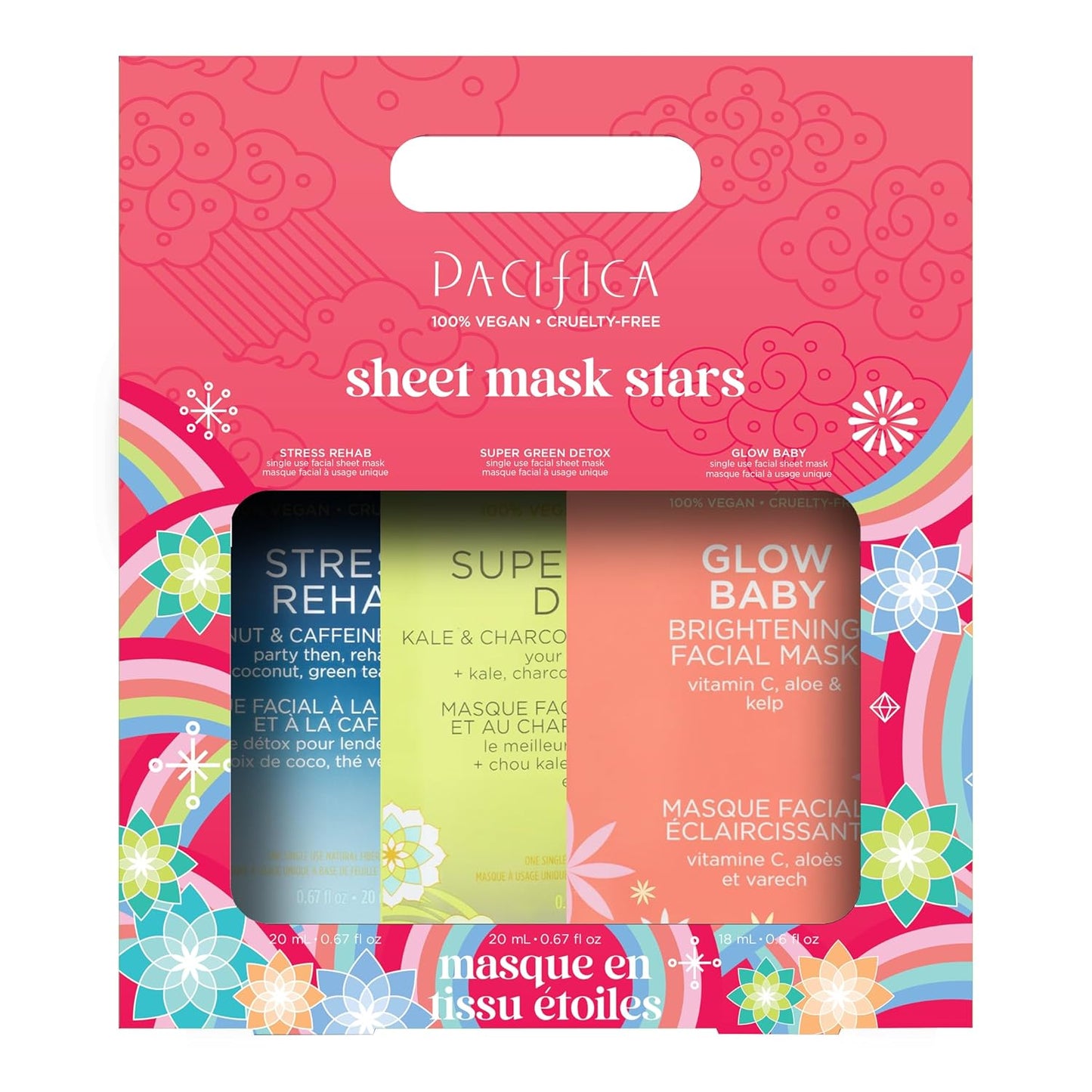 Pacifica 3-Pack Face Sheet Mask Variety Set – Brightening Vitamin C, Green Detox & Stress Rehab Hydrating Masks for Glowing Skin, Holiday Beauty Gift for Women Teens Girls, Vegan Clean Skincare