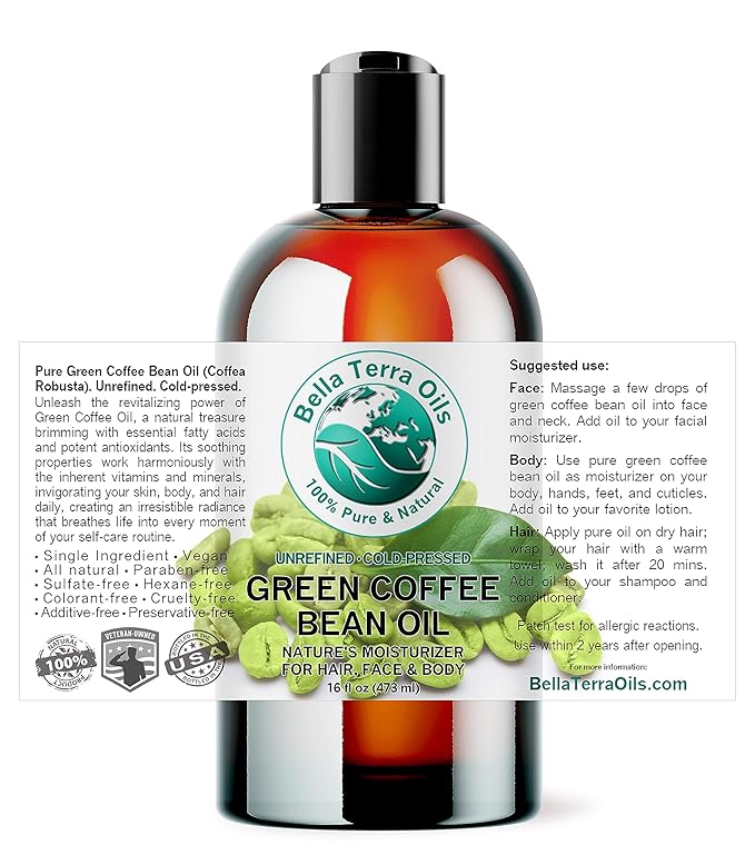 Bella Terra Oils - Green Coffee Bean Oil 16 oz - Dive into the World of Green Bean Coffee Extract, Boosted with Antioxidants, Supreme Skin Care Elixir