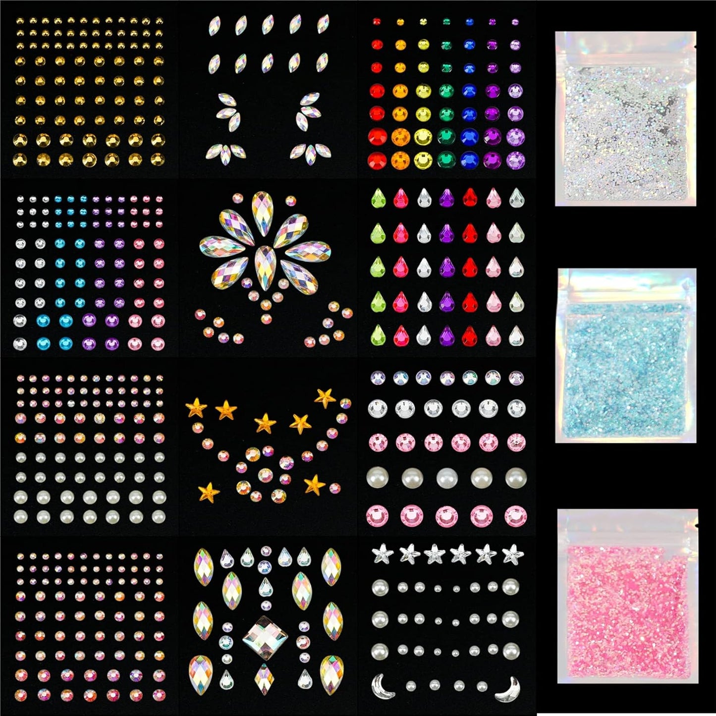 12 Sheets Face Jewels Rhinestones Crystal Stickers, 15g Chunky and Fine Mix Glitter, Eye Face Body Rave Outfits Clothes for Women, Mermaid Makeup Gems Rave Festival Accessories