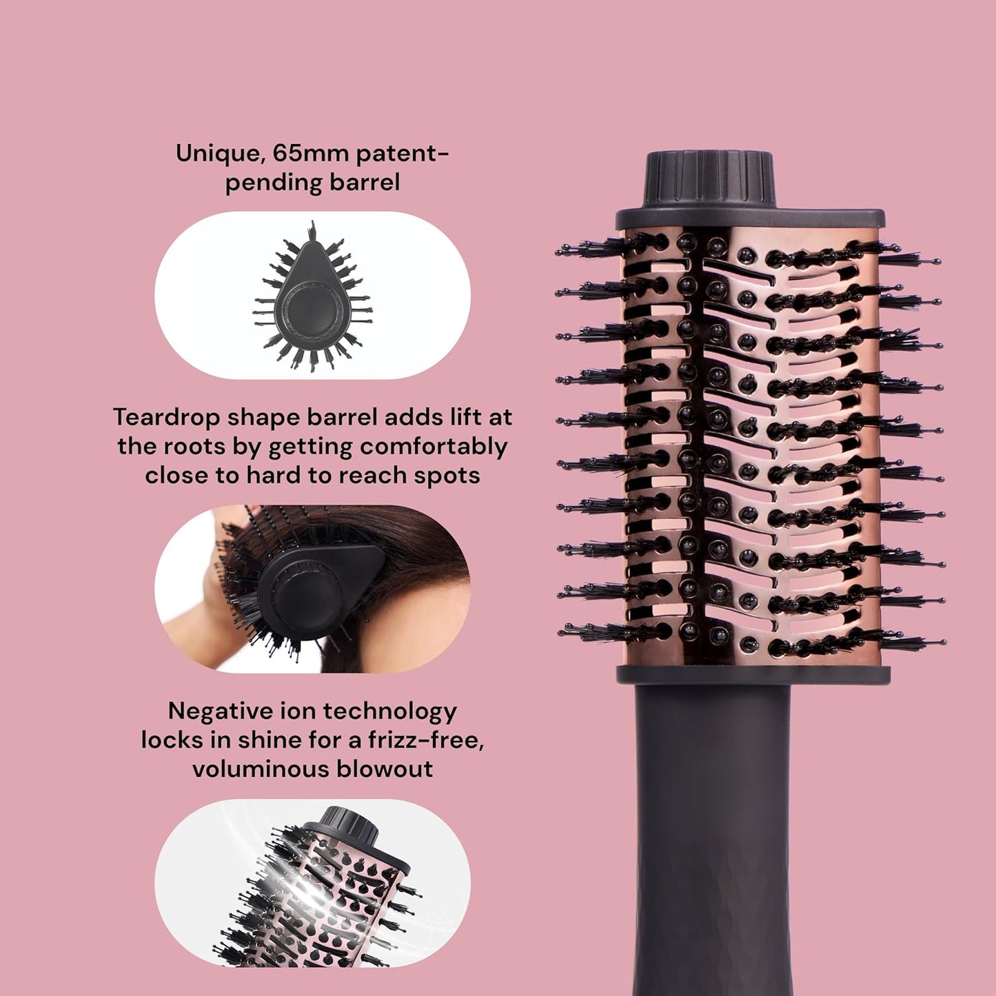 L'ANGE HAIR Le Volume Elevé 65MM 2-in-1 Titanium Brush Dryer | Dry and Style | Unique Teardrop Shape Barrel | 3 Heat Settings | 360° Vented Airflow | Ionic Technology for Frizz-Free Styling (Black)