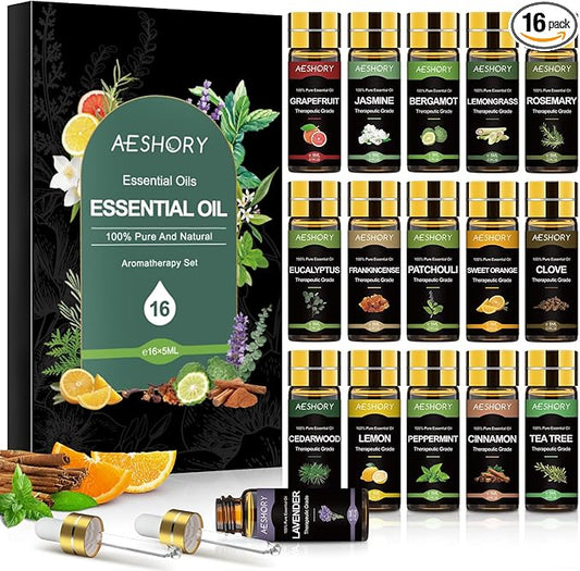 Essential Oils Set - 16 Pcs Aromatherapy Essential Oils for Diffuser, Humidifiers, Skin Care, Massage, Scent for DIY Candle and Soap Making 0.17oz (5ML)