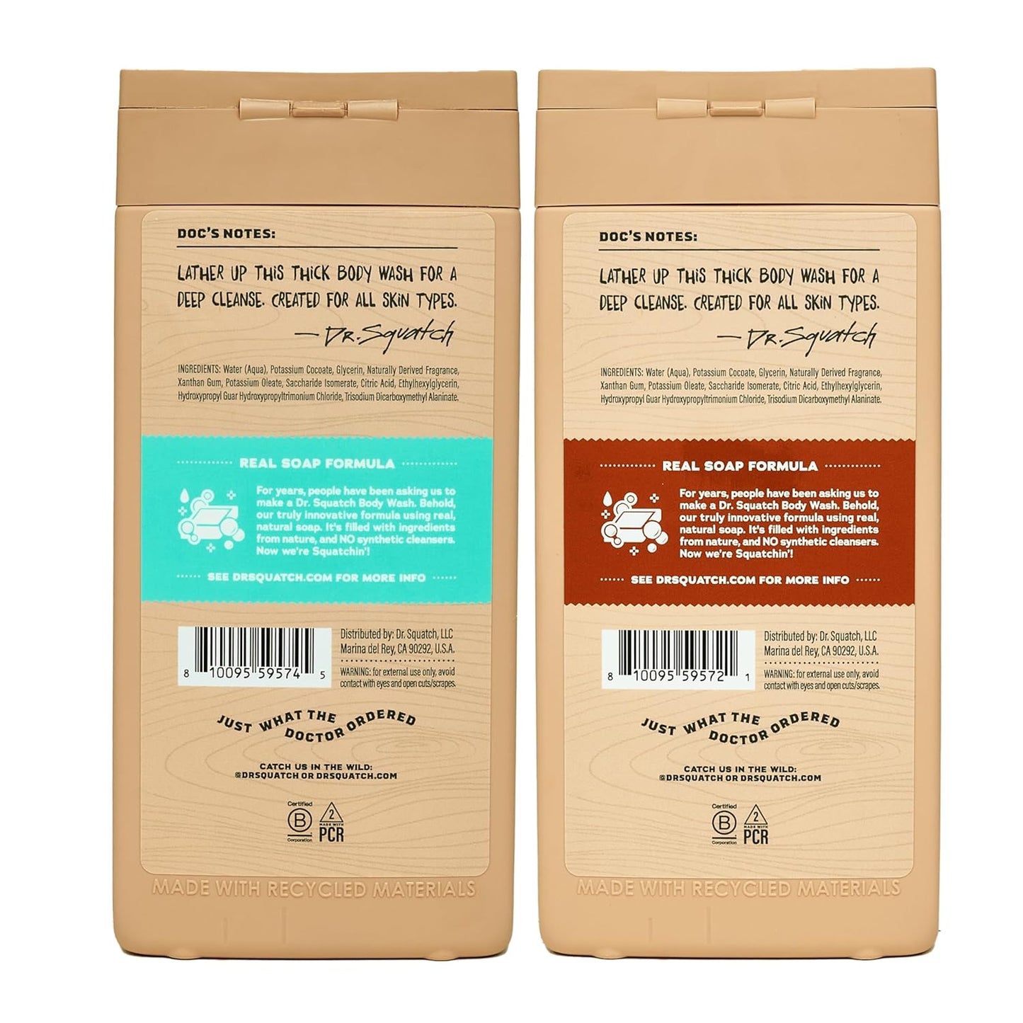 Dr. Squatch NEW Body Wash for Men with Nourishing, Natural Ingredients | No Paraben, Phthalate, Sulfate | All Day Moisture | Long Lasting Scent | Coconut Castaway & Wood Barrel Bourbon (14 oz, 2-Pack)