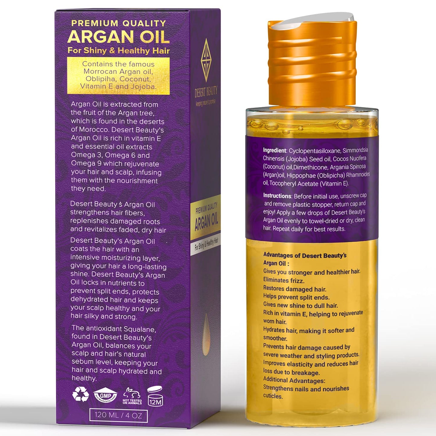 Argan Oil, 4 oz, Hair Oil Treatment for Dry Damaged Hair, Leave-in Conditioner, Hydrating, Strengthens, Natural, Cruelty Free