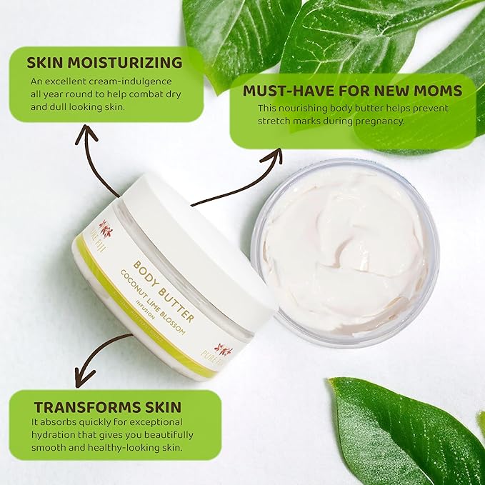 PURE FIJI Body Butter - Moisturizer Body Butter Cream - Face Cream and Body Lotion for Dry Skin with Natural Oils & Vitamin E, Body Butter For Women for Men,Coconut Lime Blossom, 8oz