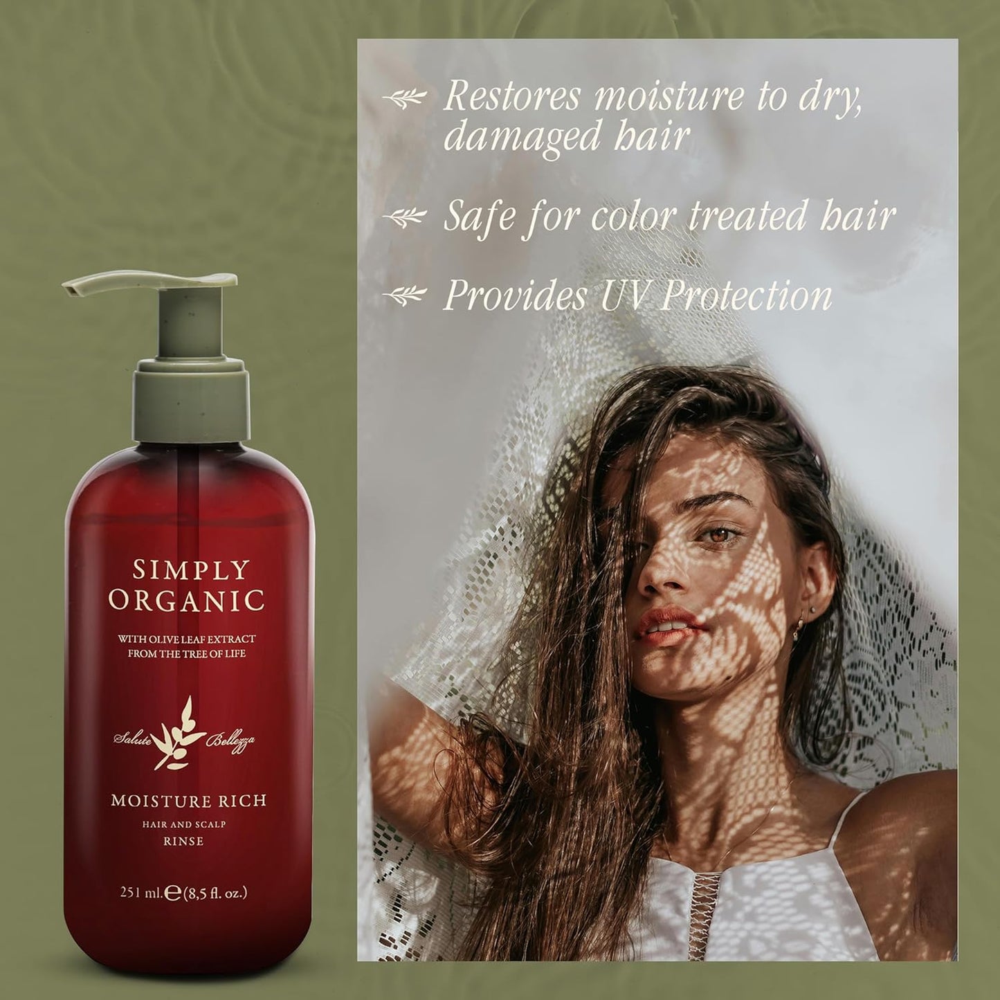 SIMPLY ORGANIC Moisturizing Deep Conditioner Scalp Rinse Made in Italy, All Natural Cruelty Free Hair Care for Women & Men with Shea Butter & Olive Leaf Extract, 251ml/8.5floz, MOISTURE RICH