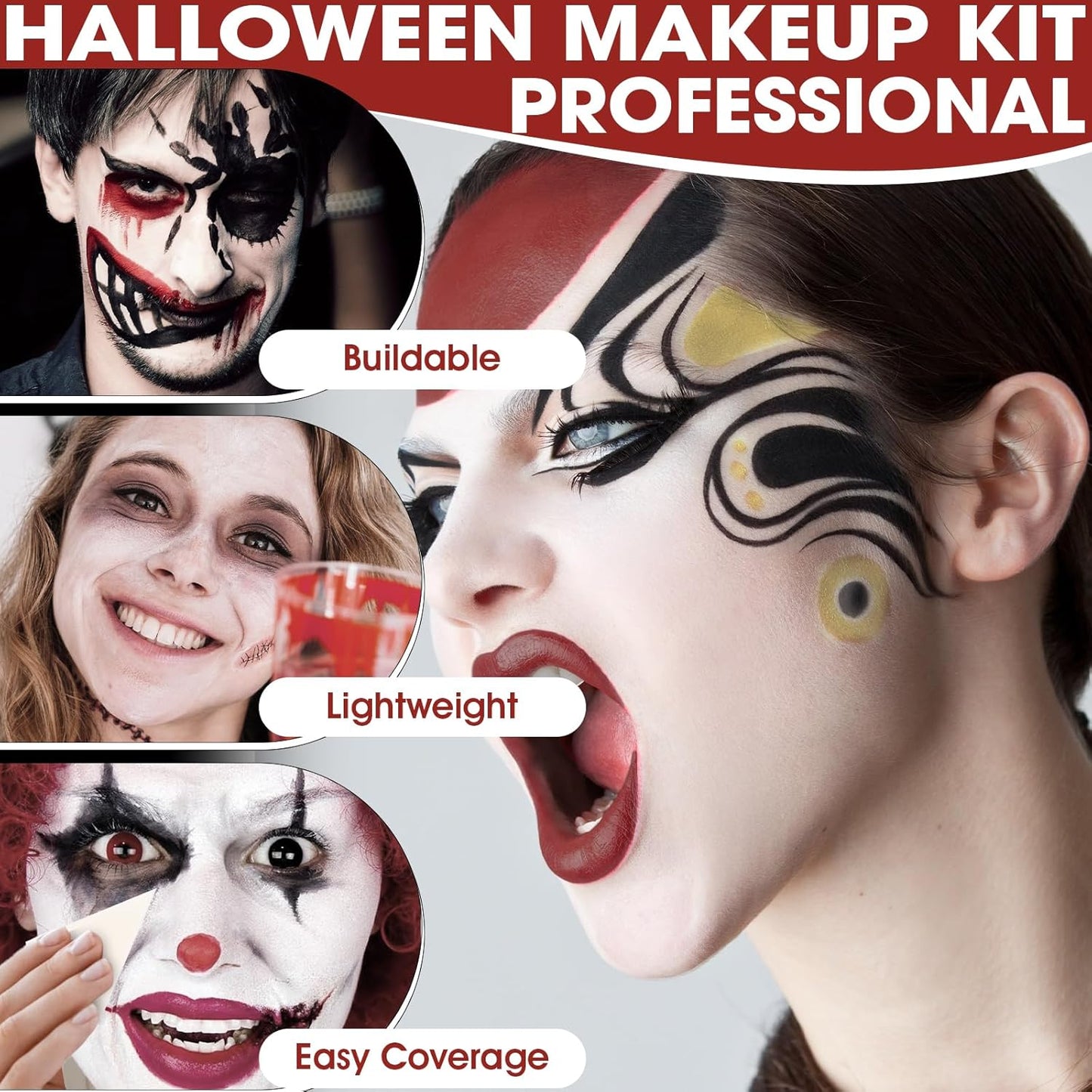 6 Colors Halloween Face Body Paint + 6pc Sponge + 3pc Brush, Black Red White Yellow Bruise SFX Makeup, Face-Paint Body Paint Halloween Makeup Kit for Zombie Clown Vampire Skeleton Joker Costume