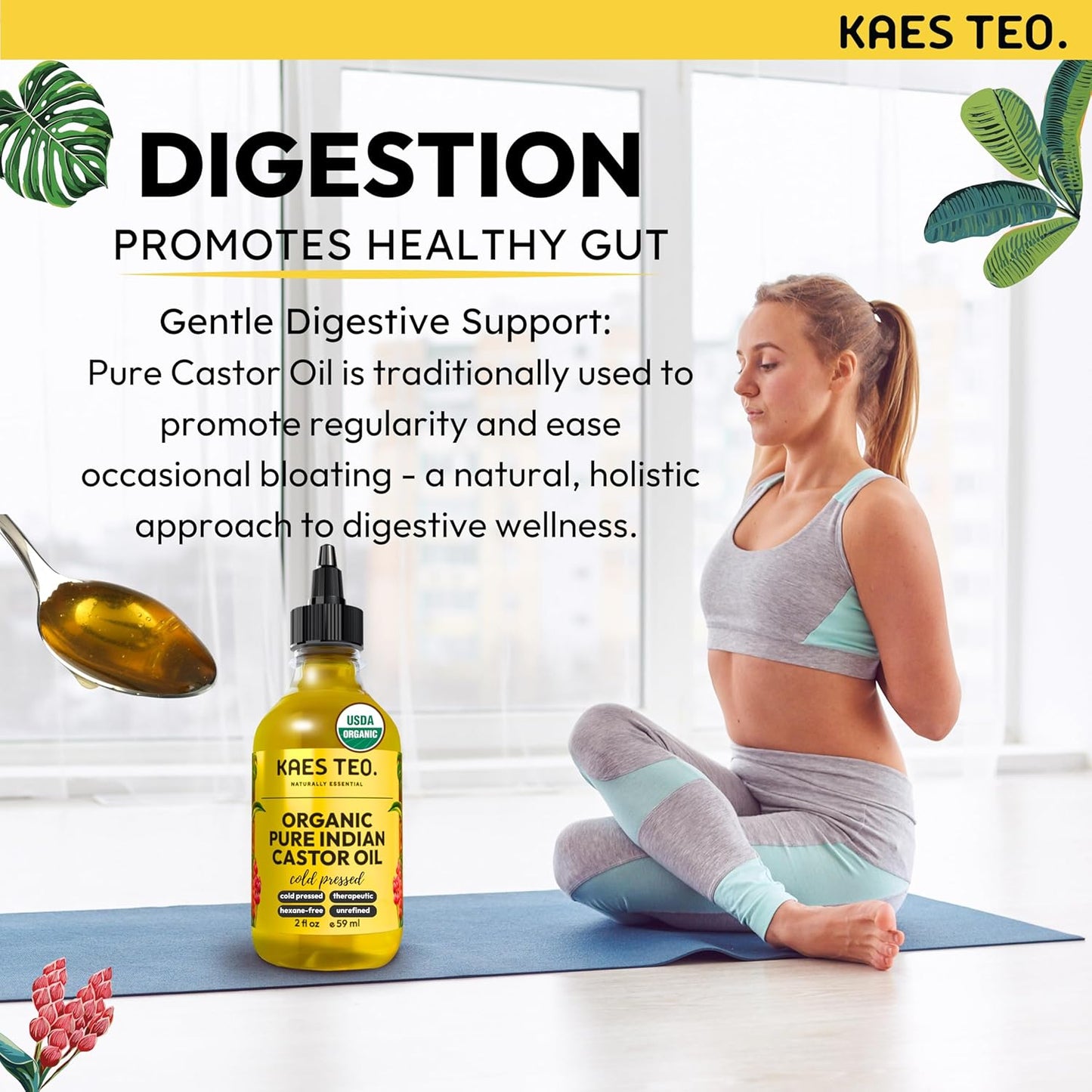 Organic Castor Oil 100% Pure Cold Pressed 2 Fl Oz Extra Virgin Unrefined Hexane Free - USDA Certified Organic, Golden Castor oil for Face, Skin, Hair, Eyebrows - Boost Hair Growth