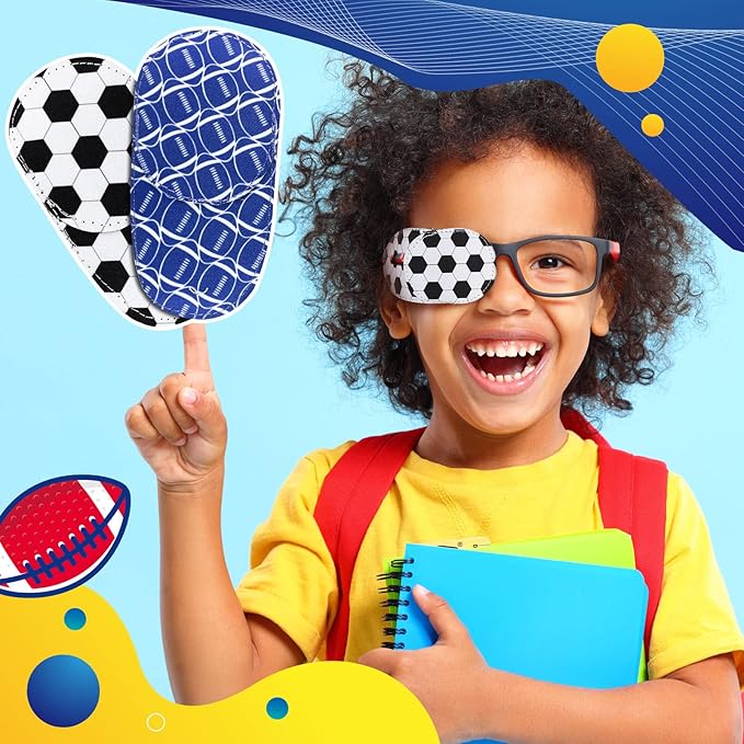 Newcotte 12 Pcs Eye Patch for Kids Toddler Reusable Adjustable Girls Boys Eyepatch for Glasses Left or Right Eye Patch, Assorted Patterns(Sports)
