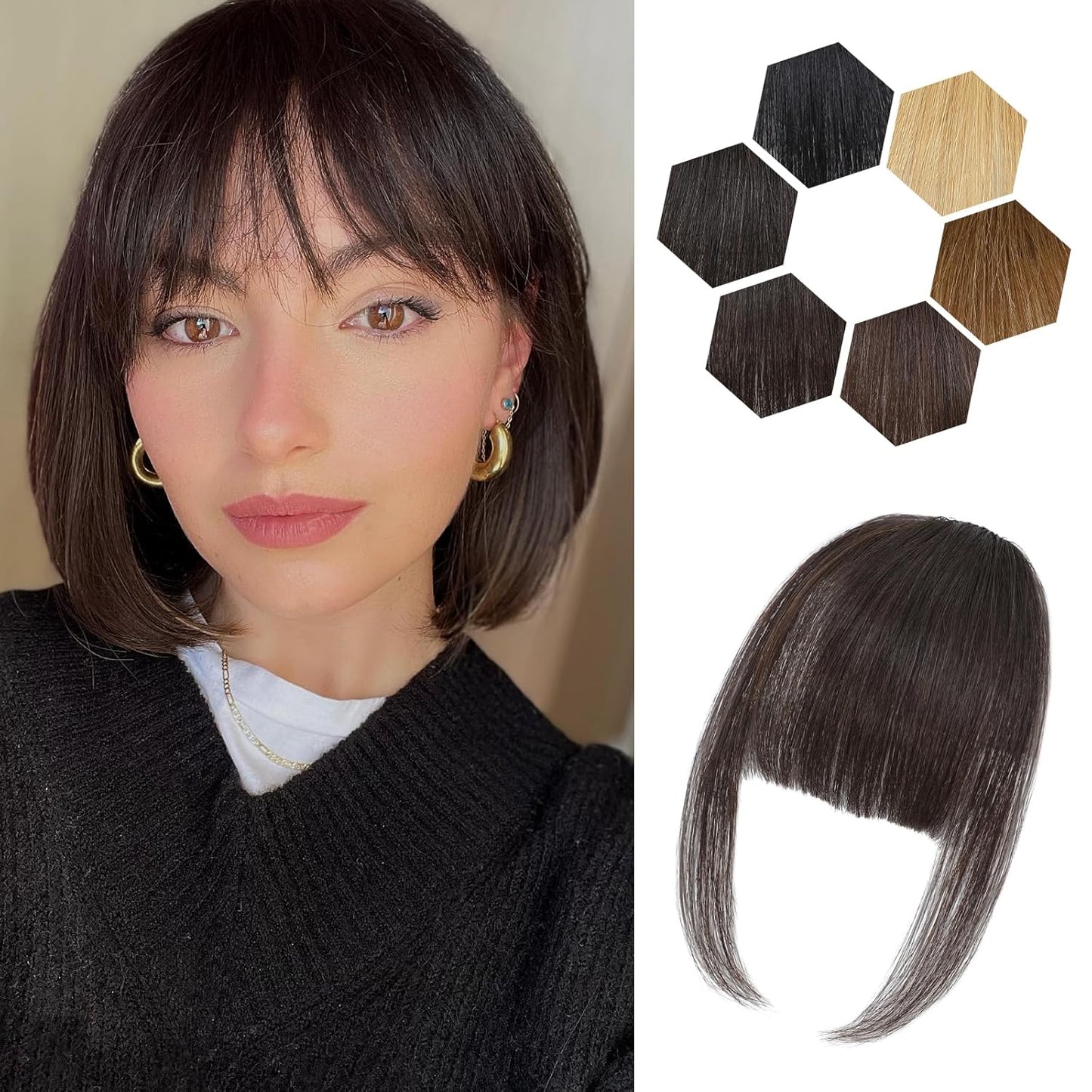 Clip in Bangs for Women - 100% Real Human Hair Wispy Bangs Hair Clip with Temples Hairpieces Fake Bangs for Daily Wear (Dark Brown, Wispy Bangs)
