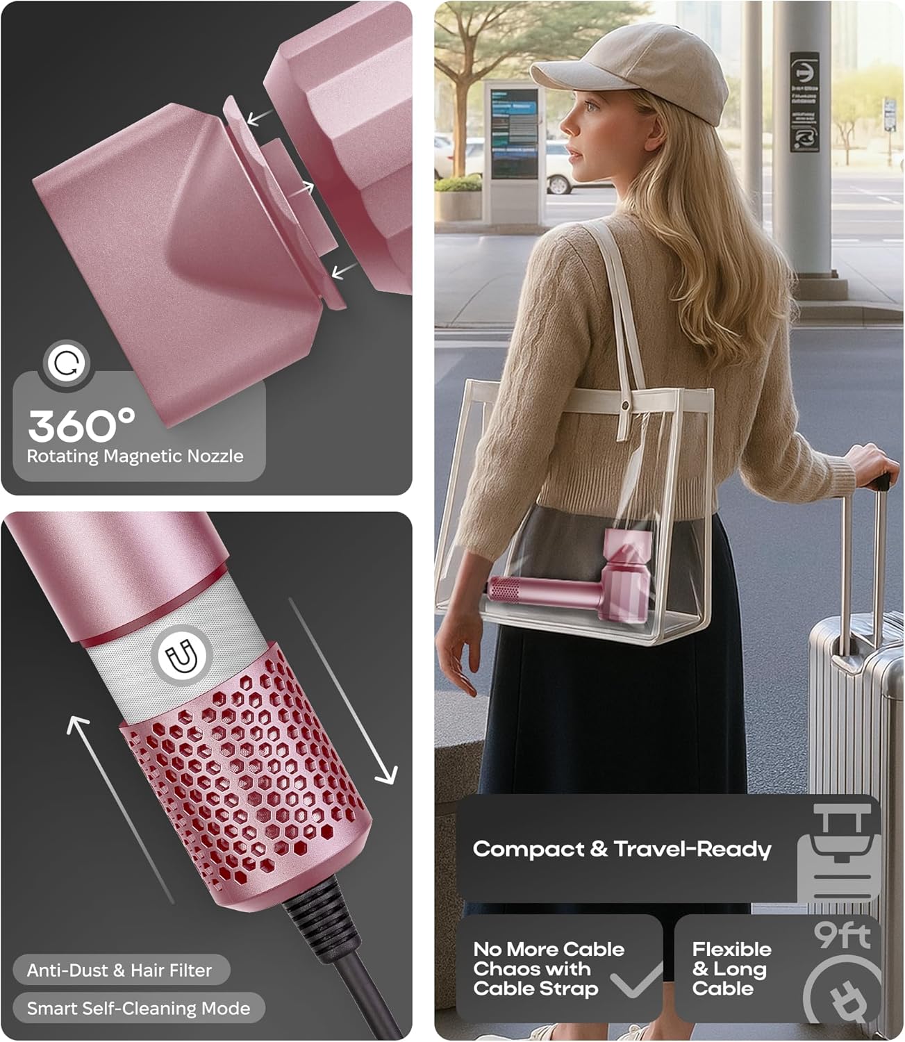 Ionic Hair Dryer Premium Quality, High-Speed Professional Brushless Motor 110,000 RPM, 1600W Power, 9 ft Long Cord and Magnetic Nozzle, Lightweight Blow Dryer, Ultra Quiet Fast Drying (Pink)