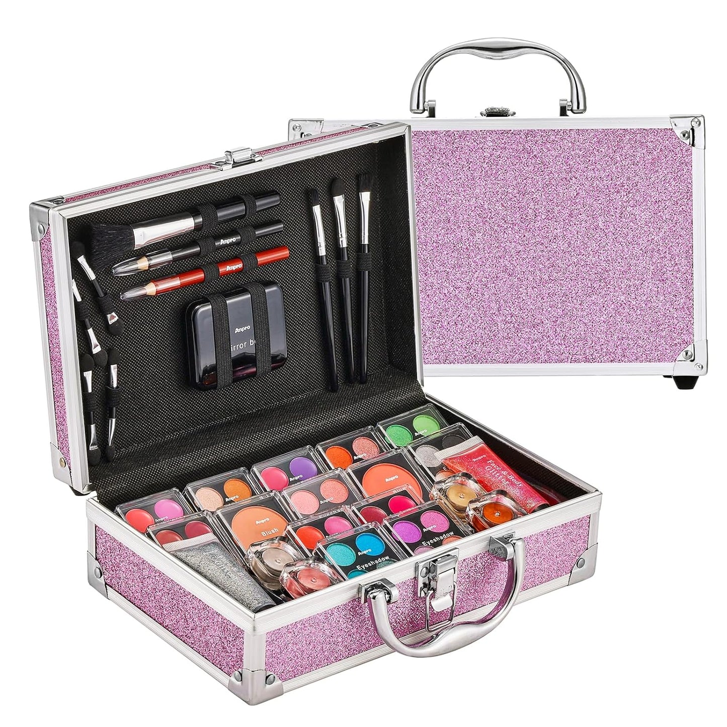 Anpro All-In-One Makeup Carry Case with Pro Teen Makeup Set, Full Starter Cosmetics Kit with Makeup Brushes, Lipsticks, Eye Shadows Palette, Blushes, Glitter Gel-Purple