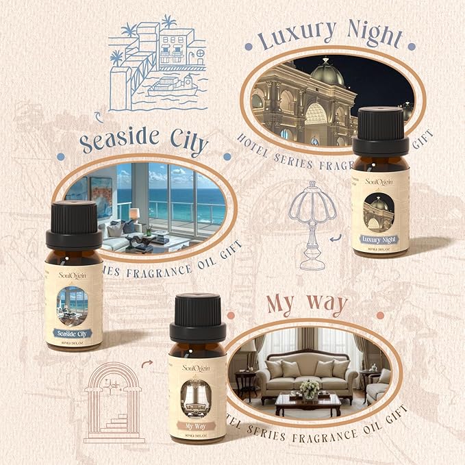 Hotel Fragrance Oils Set, Essential Oil Gift Set for Diffuser, Hotel Scent Diffuser Oil, Diffuser Scents Oil for Home, White Tea, Jasmine Mint, Sandalwood, Luxury Night, Seaside, Myway