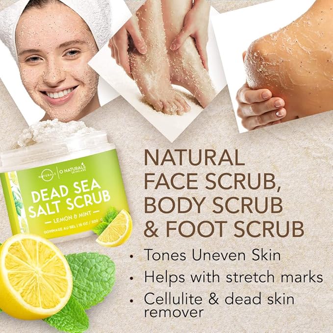 O Naturals Exfoliating Lemon Oil Dead Sea Salt Deep-Cleansing Face & Body Scrub. Anti-Cellulite Tones Helps Oily Skin, Acne, Ingrown Hairs & Dead Skin Remover. Essential Oils, Sweet Almond 18oz