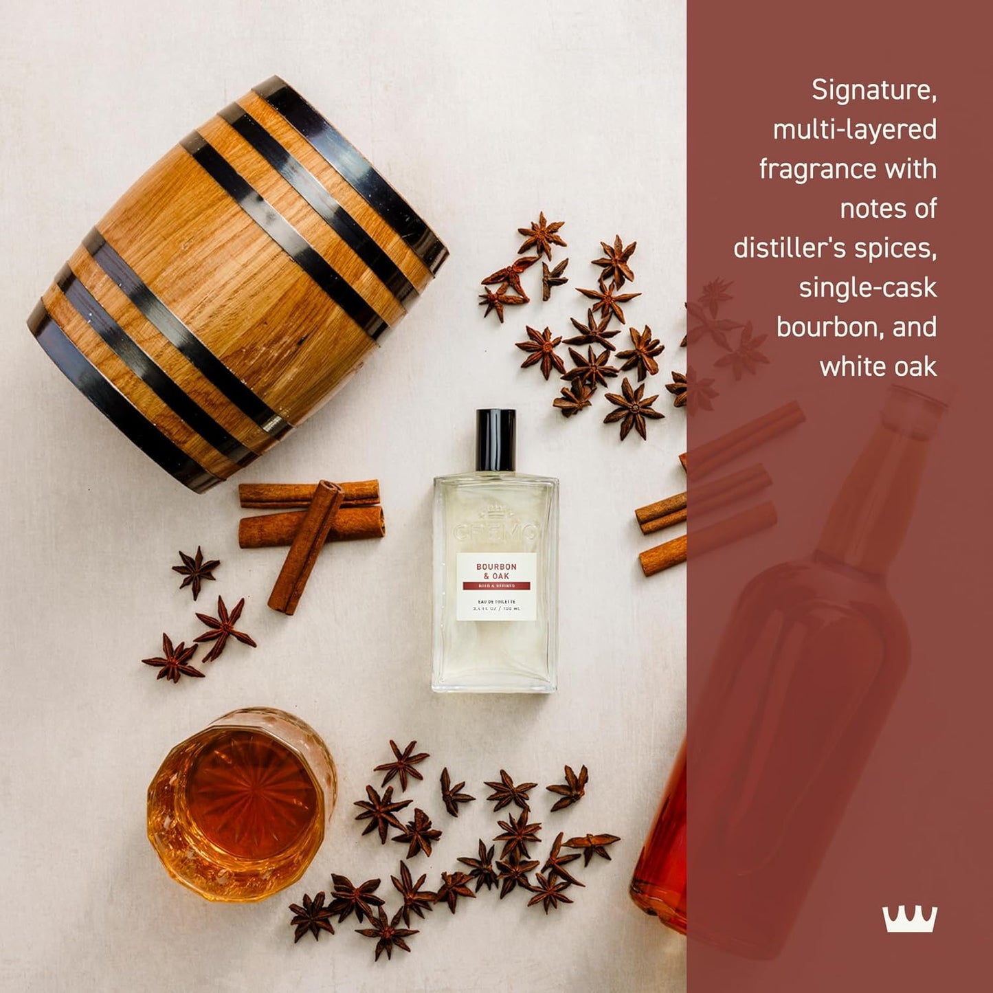 Cremo Cologne For Men - Bourbon & Oak Mens Cologne Spray, A Sophisticated Blend of Distiller’s Spice, Fine Bourbon and White Oak, Multi-Layered Signature Men's Fragrances, 3.4 Fl Oz