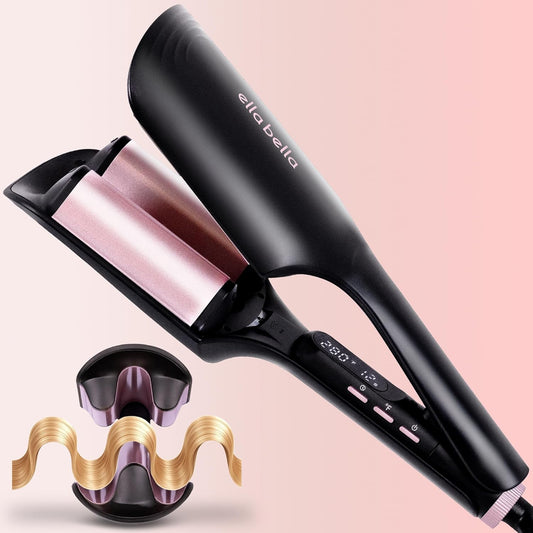 ELLA BELLA® Ultimate Waver Curling Iron • Crimper Hair Tool • Adjustable Heat Settings • Dual Voltage Hair Curler • Anti-Scald Tech • Ionic Ceramic Coating for Long-Lasting, Frizz-Free Beach Waves