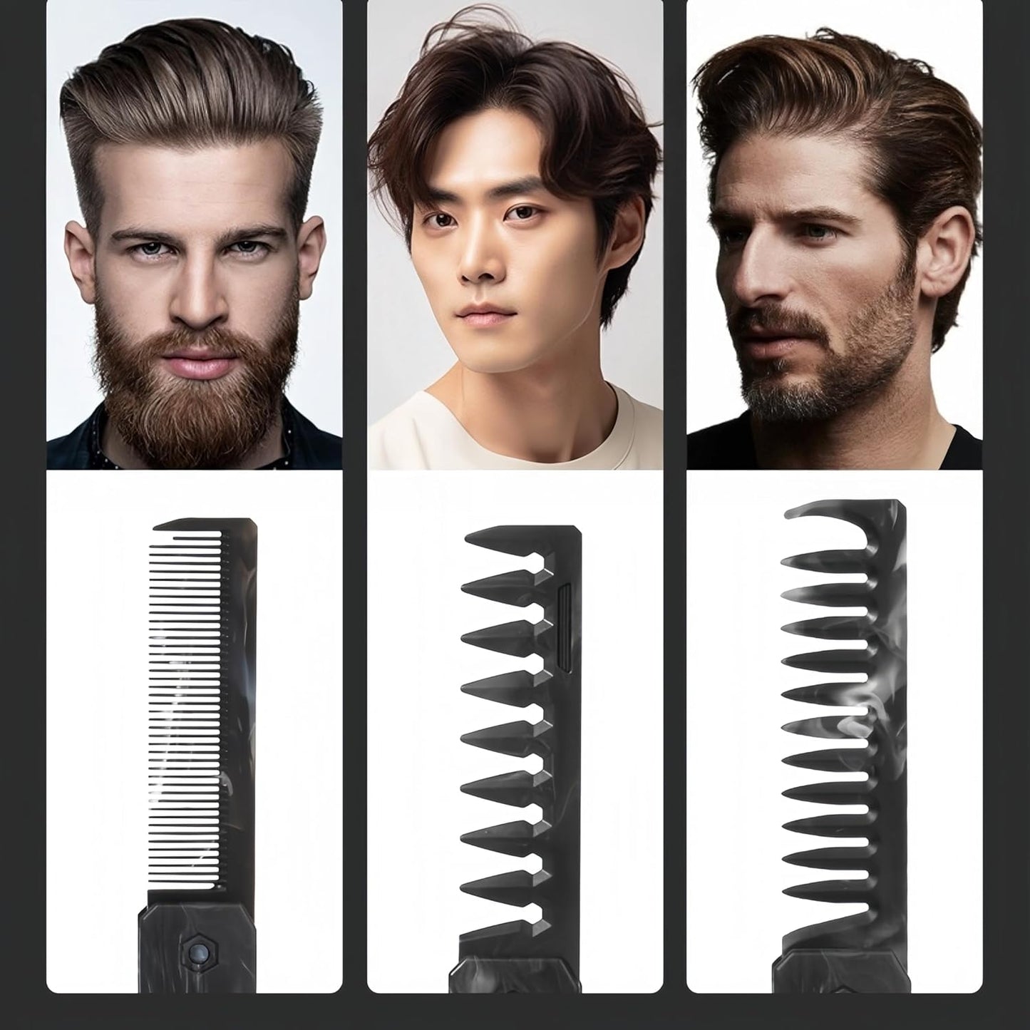 1PC 3 In 1 Folding Pocket Comb for Men, Fine & Wide Tooth for Travel and Everyday Grooming Combing Hair, Beard or Mustache Styling Comb for Slicked-back, Quiff, Pompadour, Fauxhawk, Undercut