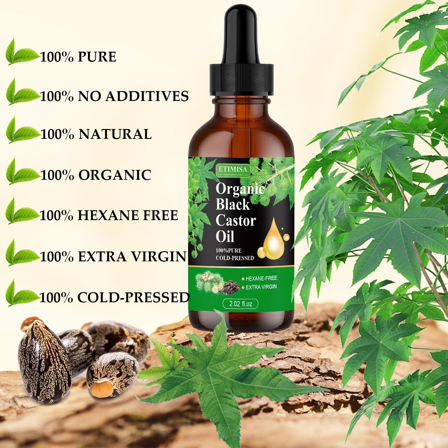 Organic Black Castor Oil,100% Pure Natural ,Cold Pressed, Glass Bottles, Hair,Eyebrow Care, Skin Care, Castor Oil for Body & Carrier Oil