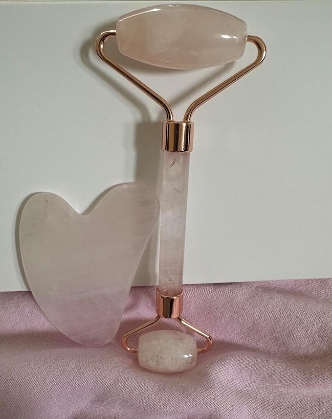 Natural Rose Pink Quartz Facial Massage Roller with Gua Sha