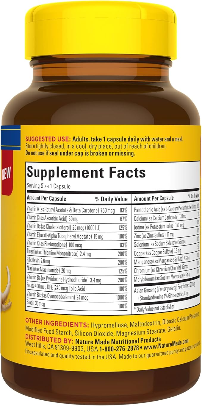 Nature Made Multi + Ginseng, Daily Energy Multivitamin for Adults, One Per Day Vitamin, 60 Capsules