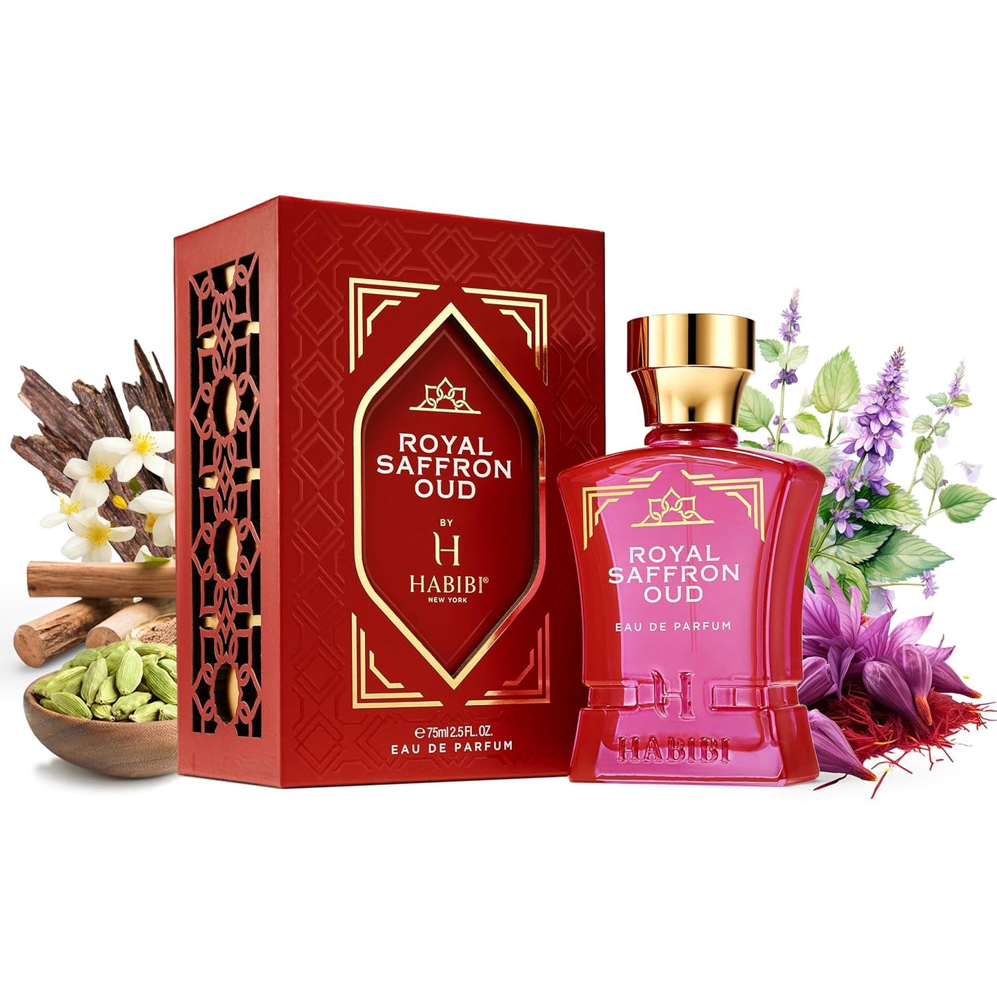H HABIBI Royal Saffron Oud Arabian Perfume for Women – 2.5 oz (75ML) Long Lasting Women's Fragrance, Warm Woody Scent with Jasmine, Patchouli, Sandalwood & Amber Notes