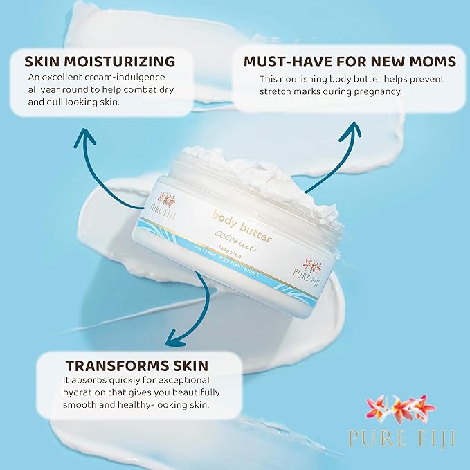 PURE FIJI Body Butter - Moisturizer Body Butter Cream - Face Cream and Body Lotion for Dry Skin with Natural Oils & Vitamin E, Body Butter For Women for Men,Coconut, 8oz