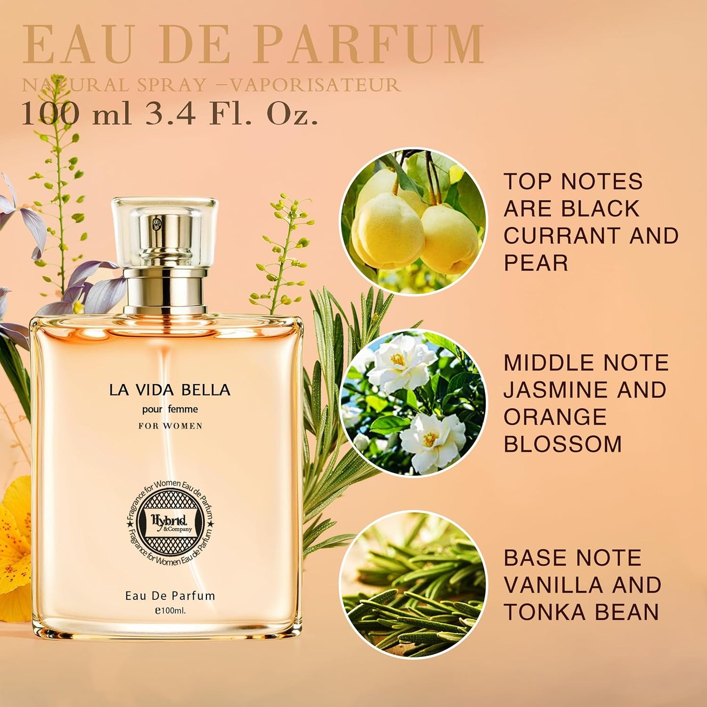 Hybrid & Company La Vida Bella Fragrance for Women Eau De Parfum Natural Spray Elegant Scent, 3.4 Fl Oz