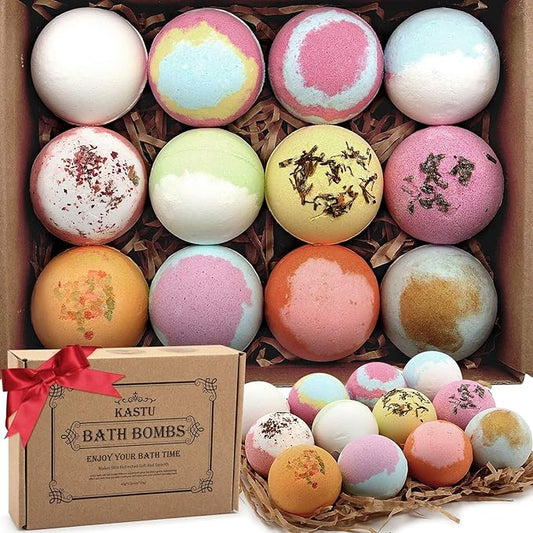 Bath Bombs Salt Balls,12 PCS Gift Set,Vanilla Menthol Rose Extract Essential Oils,Moisturizing Dry Skin,Fizzy Spa,Relaxing,Bubble Bath Bomb Gifts Idea for Men Women