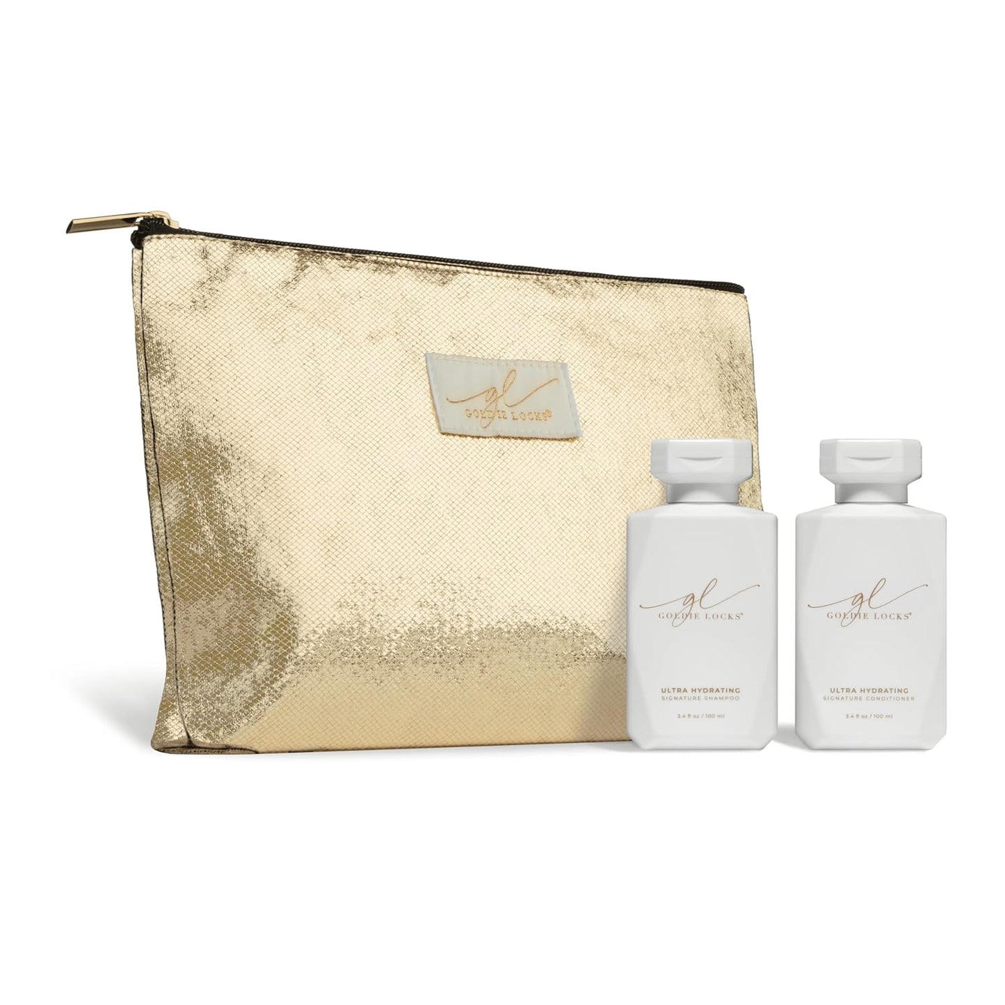 Goldie Locks Shampoo and Conditioner Travel Set - TSA-Approved Hydrating Hair Care Duo with Biotin, Marula Oil & Rose Water – Protein, Sulfate & Paraben-Free in Limited Edition Gold Bag - 3.4 oz each