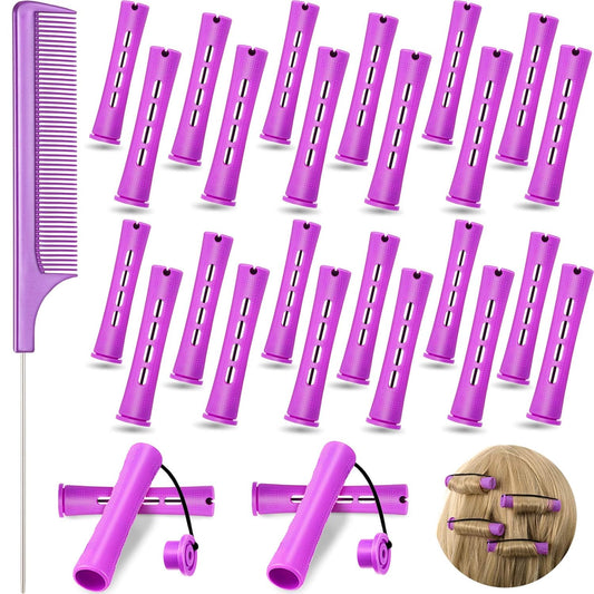 24 Plastic Hair Perming Rods and Curlers with Steel Pintail Comb for Hairdressing Styling (0.75 Inches, Purple)