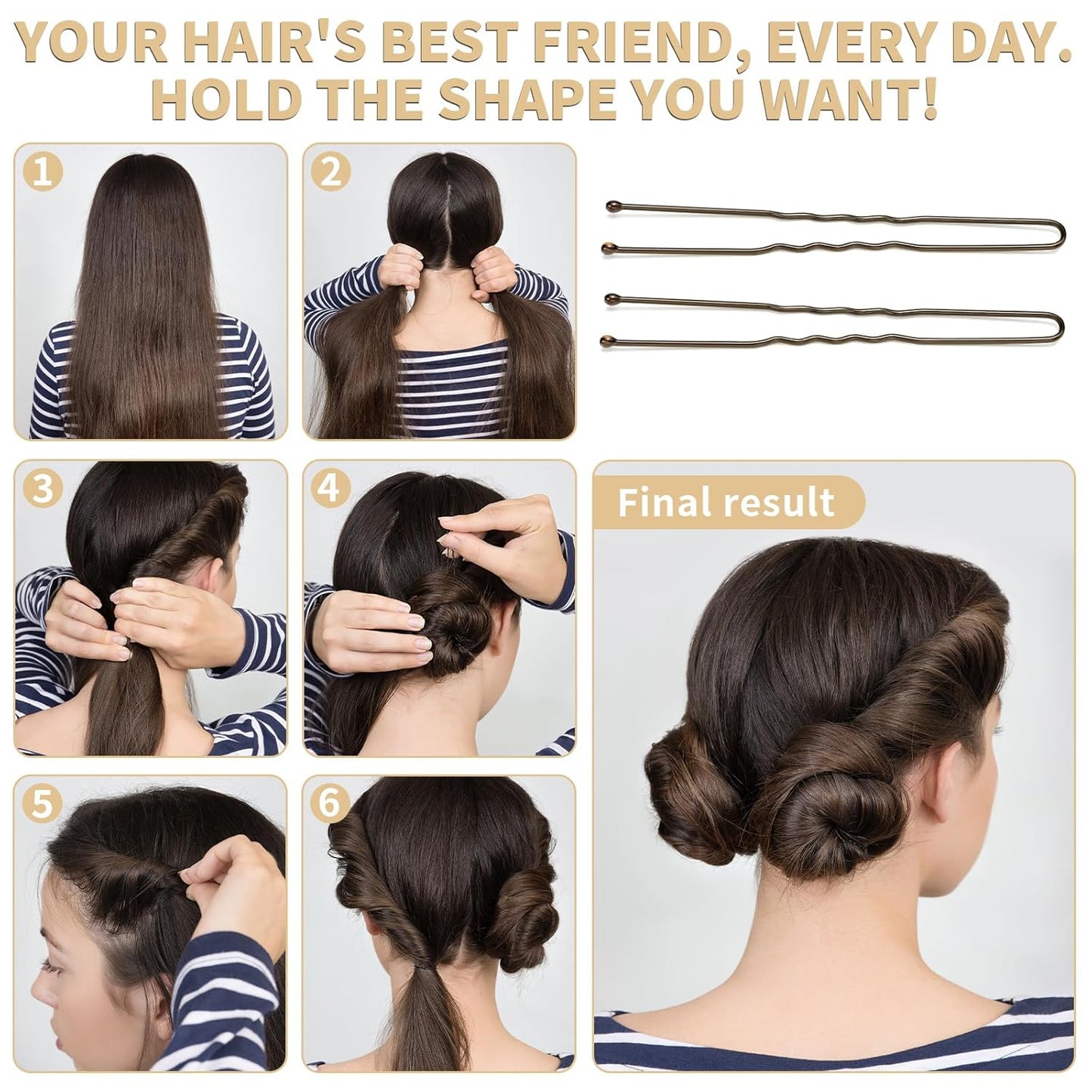 U Shaped Hair Pins -2.4 Inch 250 Count, Professional Hair Styling Pins for Women, Girls, and Hairdressing Salons - Includes Clear Storage Box for Updos and Bun Hair (Brown)